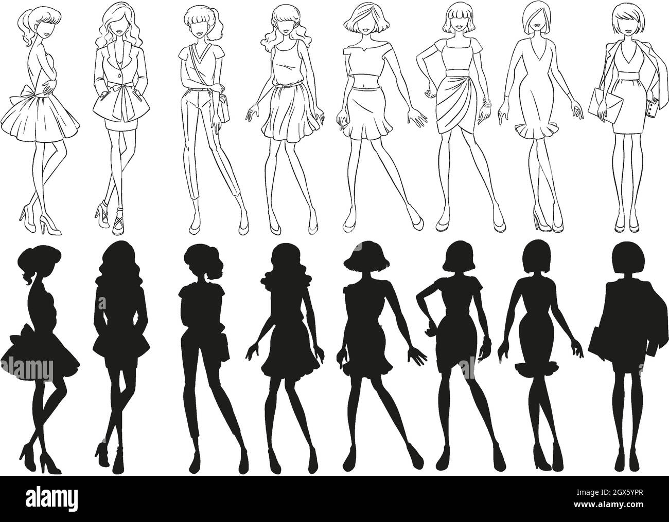 Insieme di schizzo e silhouette femmina Illustrazione Vettoriale