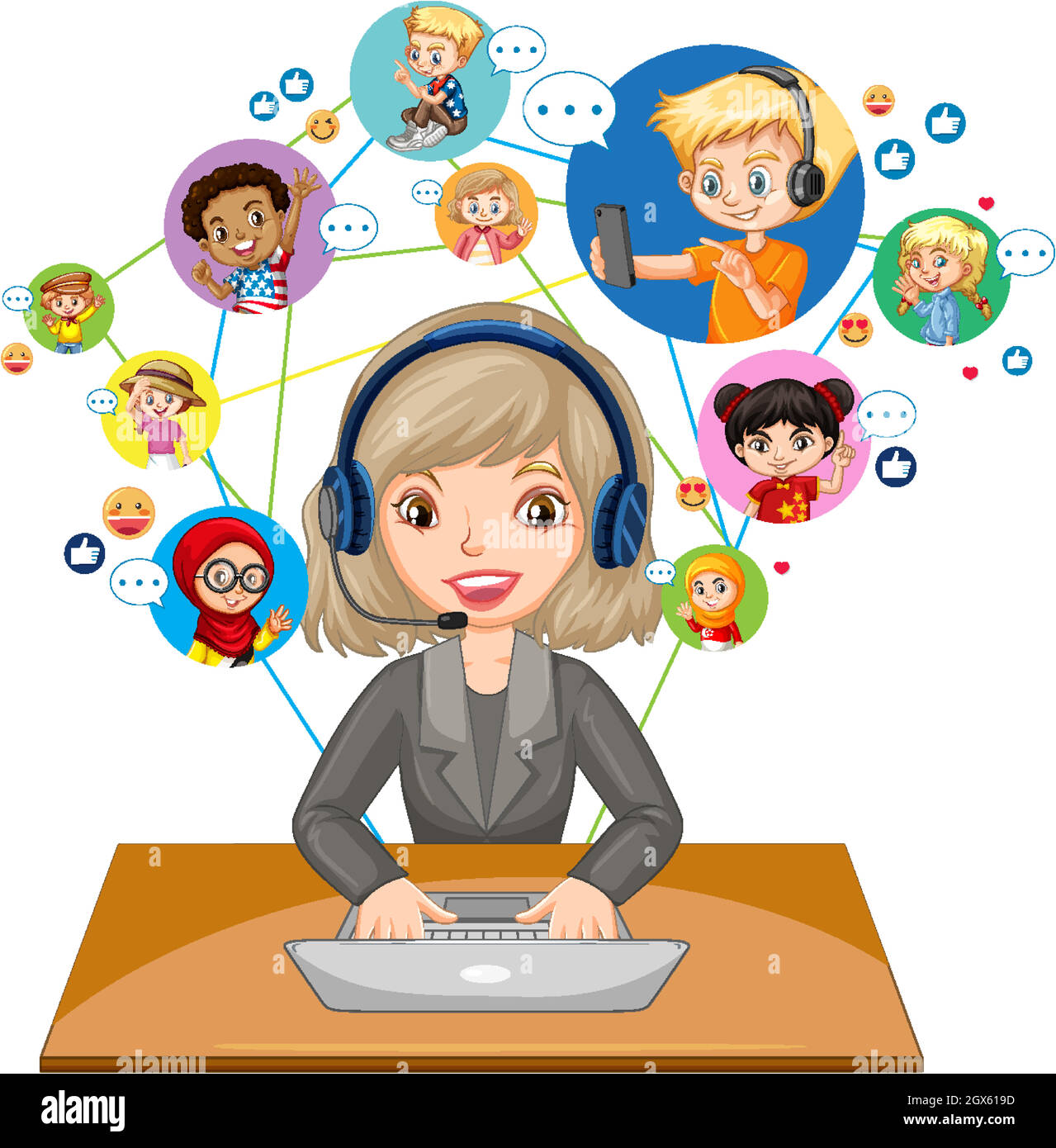 Vista frontale dell'insegnante che utilizza il laptop per comunicare la videoconferenza con gli studenti su sfondo bianco Illustrazione Vettoriale