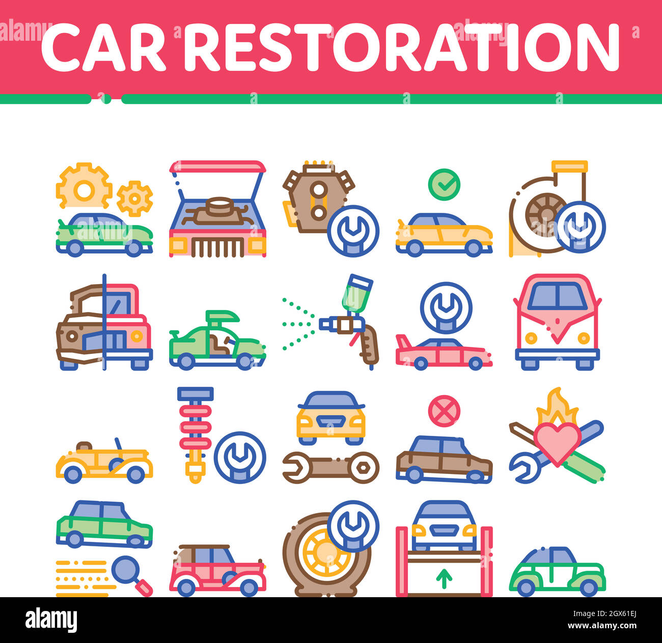 Car Restoration Repair Collection Icons Set Vector Illustrazione Vettoriale