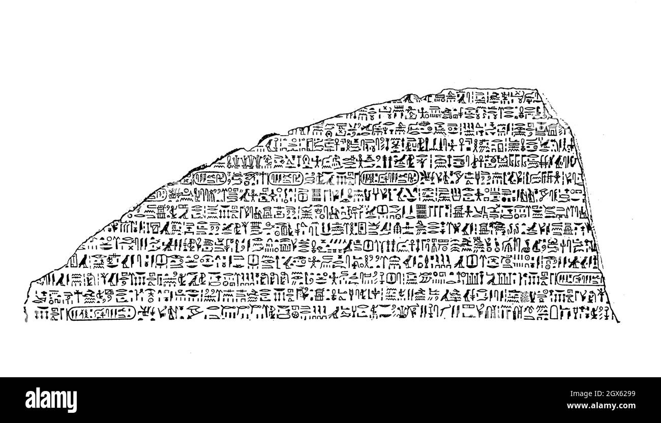Geroglifici scolpiti sulla pietra Rosetta, la chiave per decifrare gli antichi scritti egizi Foto Stock