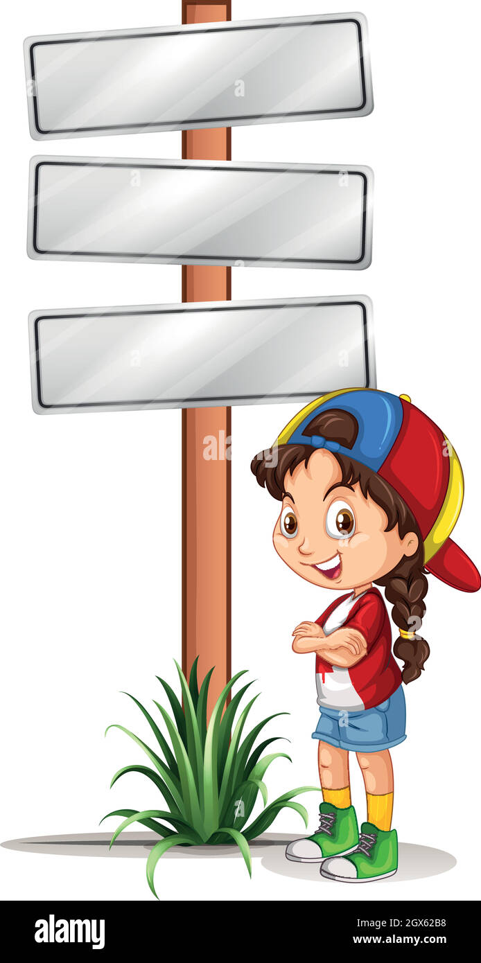 Bambina in piedi accanto alle indicazioni stradali Illustrazione Vettoriale