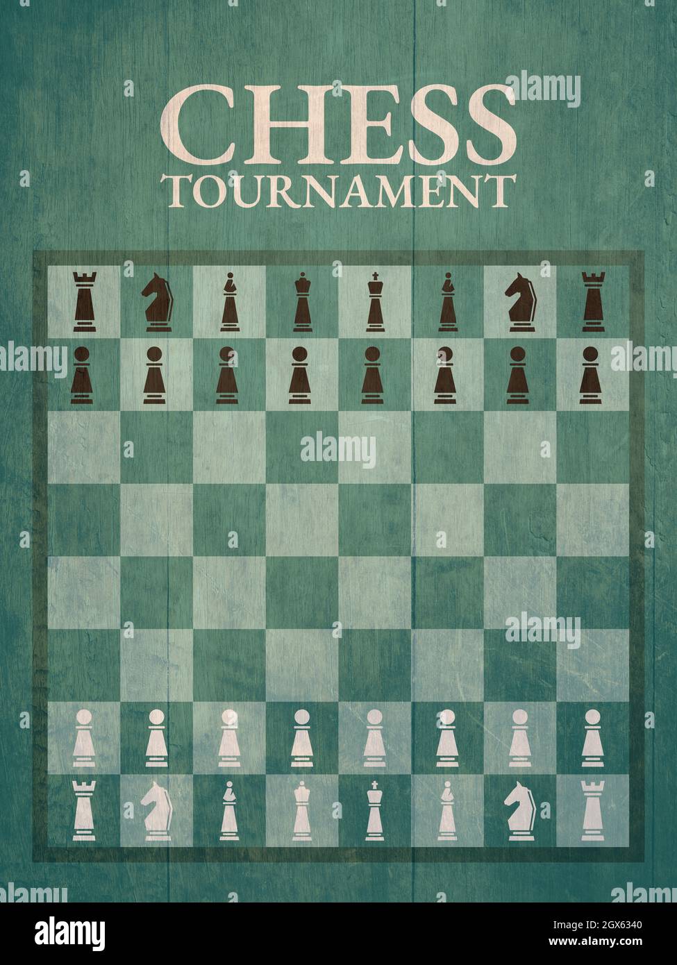 Poster illustrazione del torneo di scacchi con il tavolo e i pezzi in posizione di partenza. Design con sfondo verde. Gioco strategico e competitivo. Foto Stock