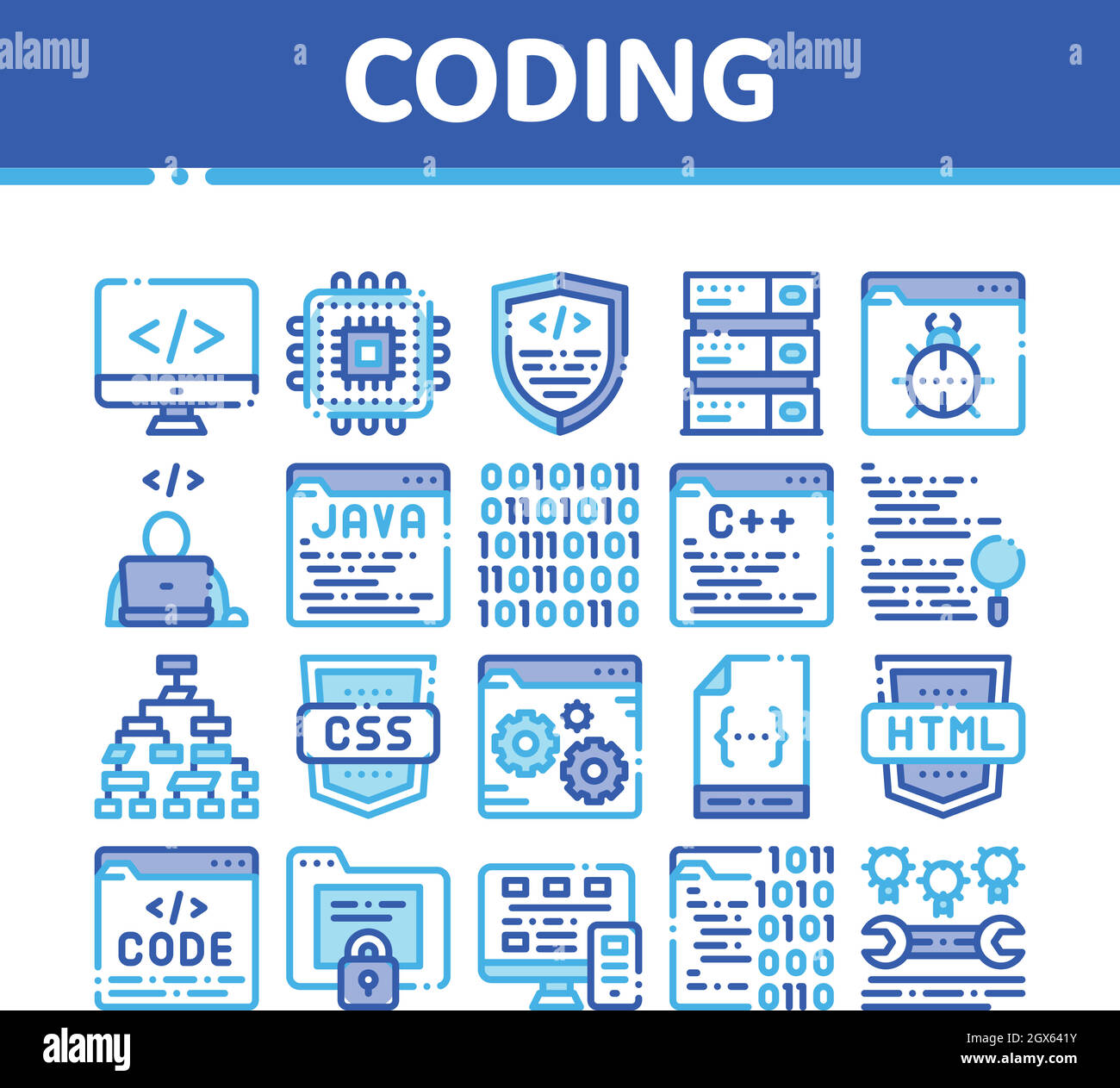 Il sistema di codifica del vettore di linea sottile set di icone Illustrazione Vettoriale