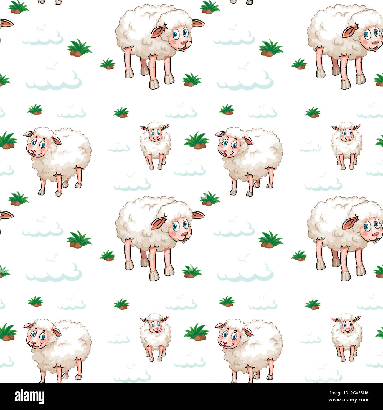 Sfondo senza cuciture con pecore bianche e nuvole Illustrazione Vettoriale