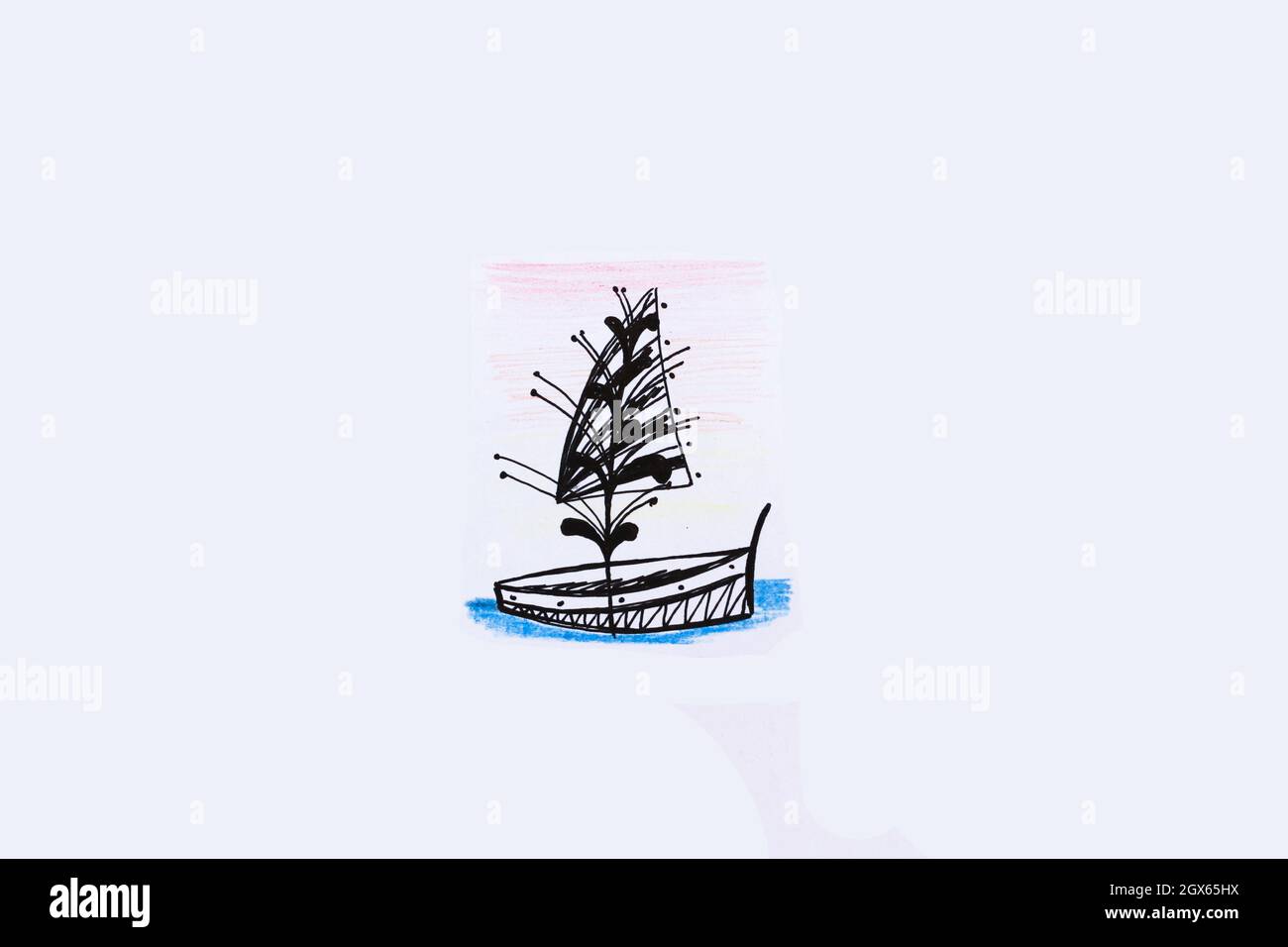 Schizzo di una barca sull'acqua su sfondo bianco Foto Stock