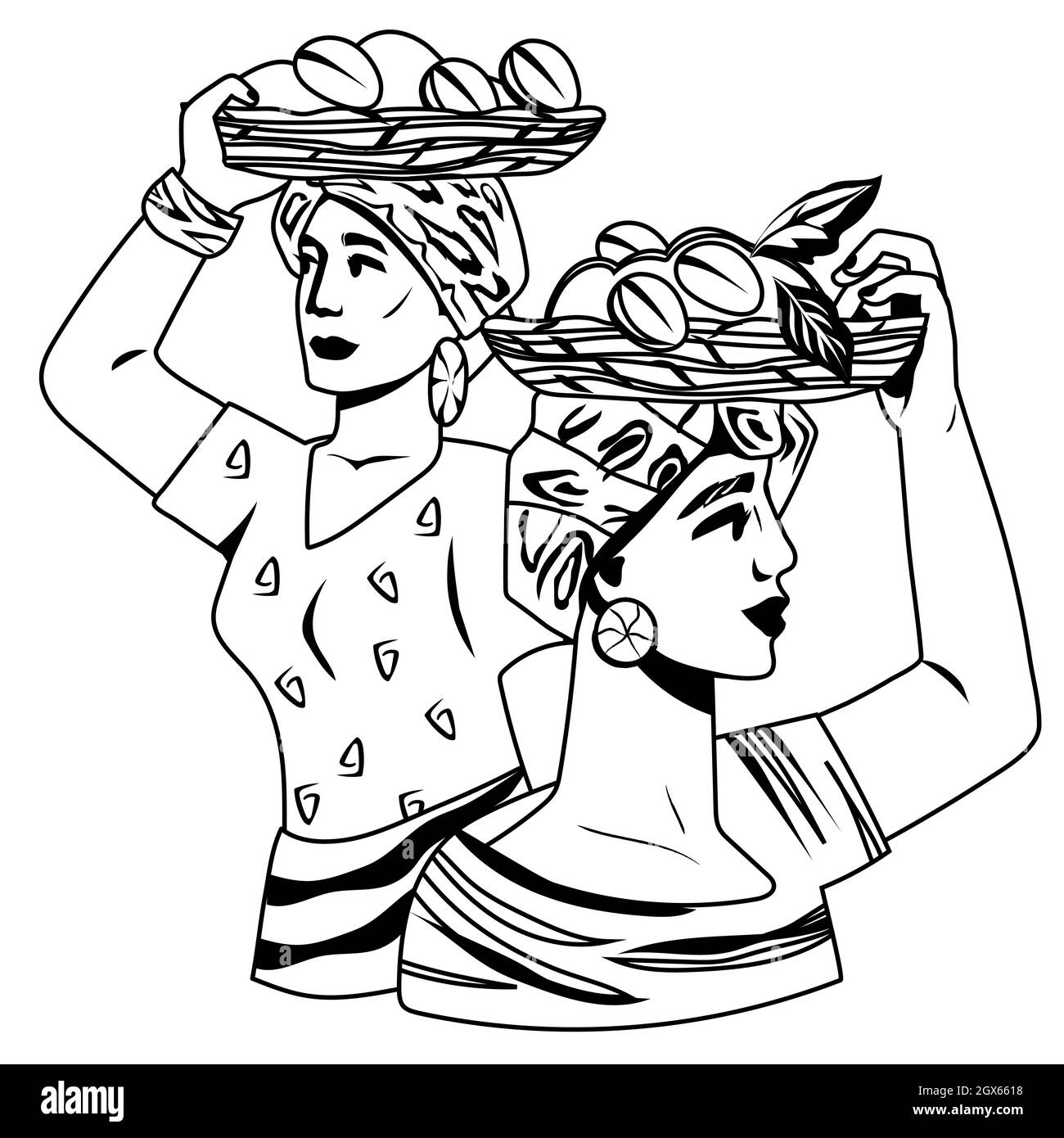 Donne con cesti di chicchi di caffè in bianco e nero, illustrazione vettoriale isolato su sfondo bianco. Caffetteria, emblema e ident monocromatico Illustrazione Vettoriale