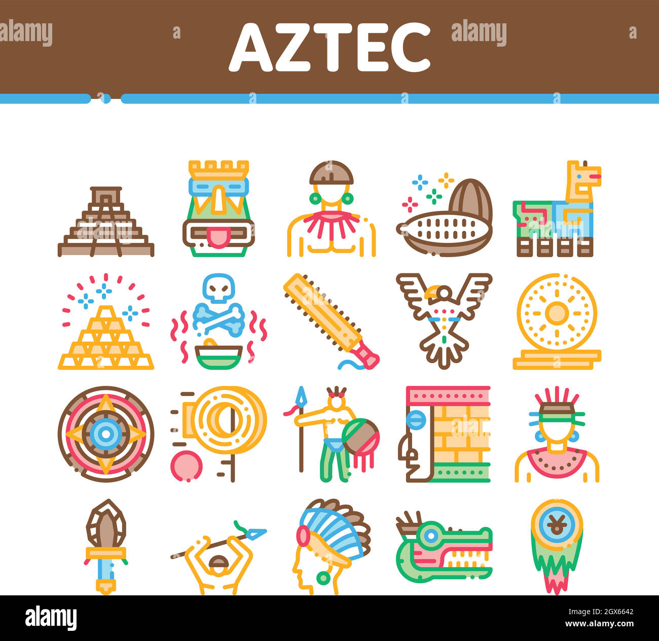 Aztec Civilization Collection Icons Set Vector Illustrazione Vettoriale