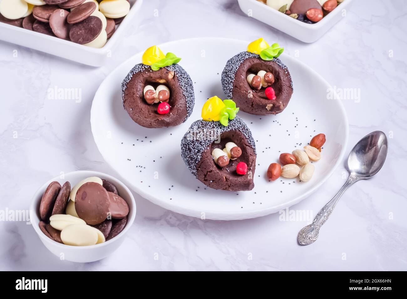 Torta al cioccolato in forma di riccio su un piatto bianco Foto Stock