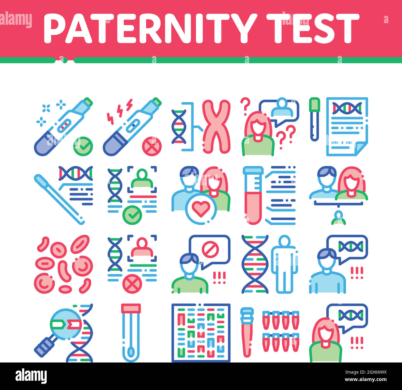 Test di paternità Dna raccolta di set di icone vettore Illustrazione Vettoriale