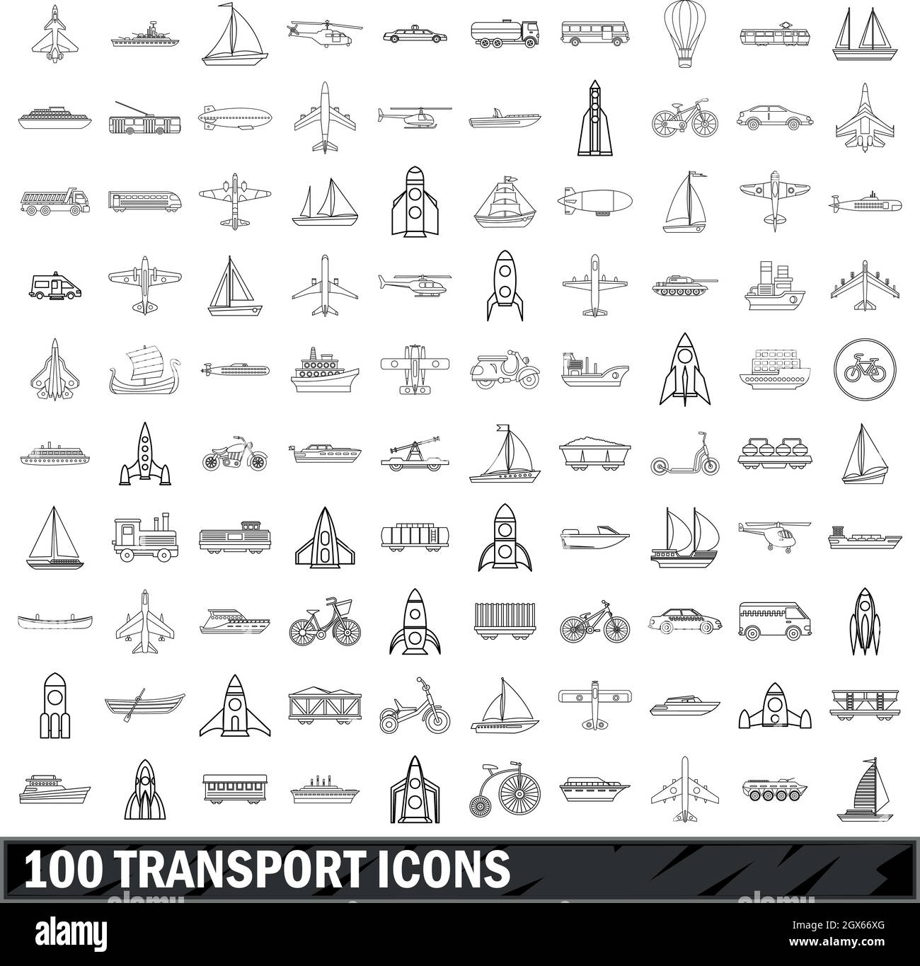 100 trasporto set di icone di stile di contorno Illustrazione Vettoriale