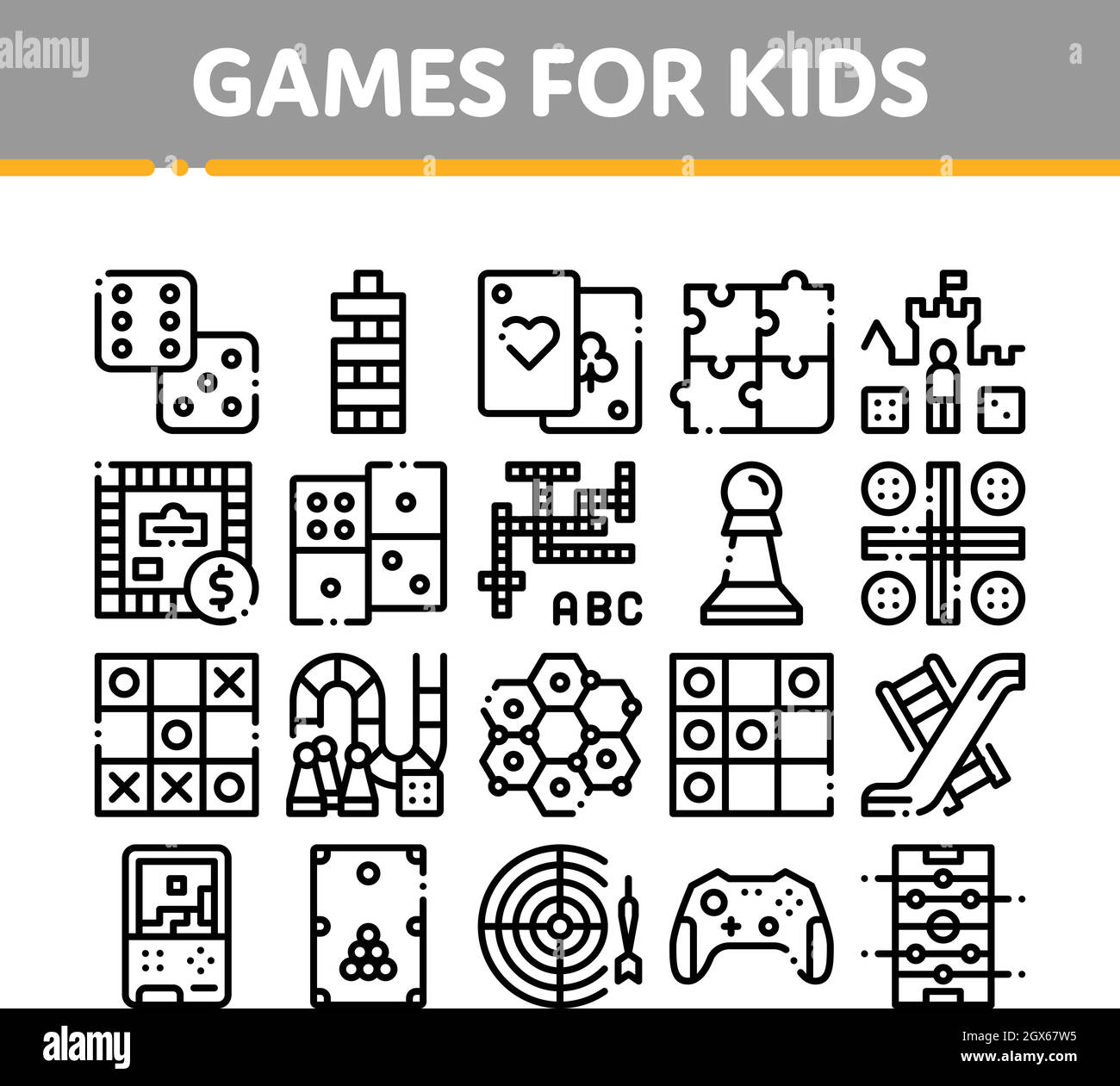 Interactive Giochi Bambini vettore di linea sottile set di icone Illustrazione Vettoriale