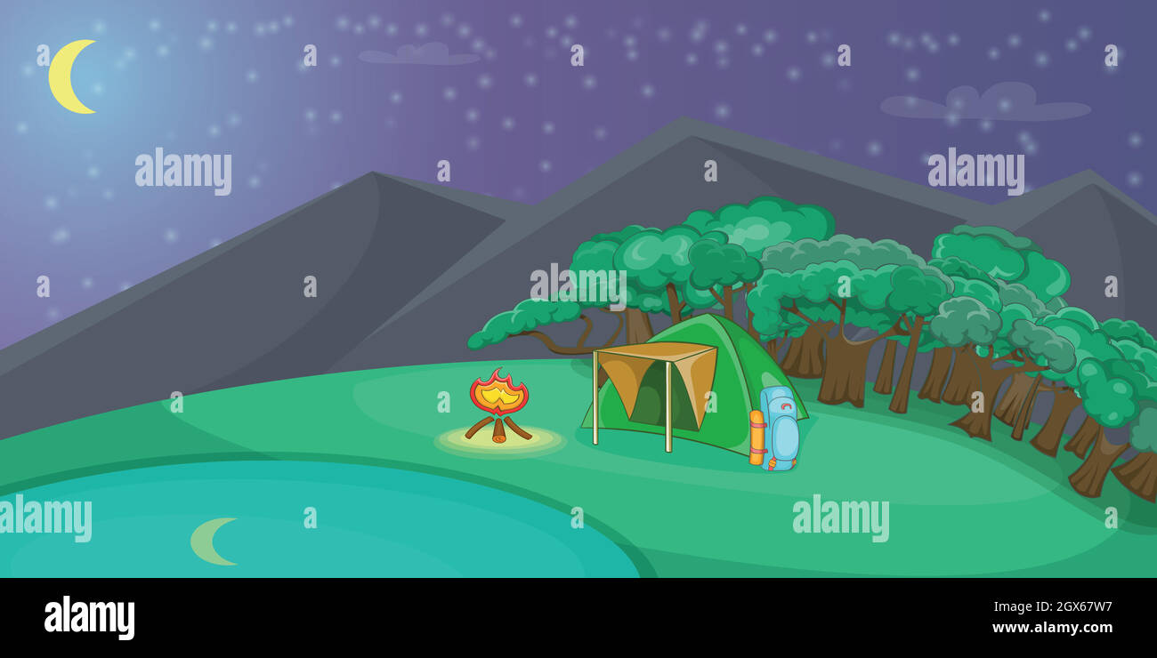 Camping banner orizzontale di notte, stile cartoon Illustrazione Vettoriale