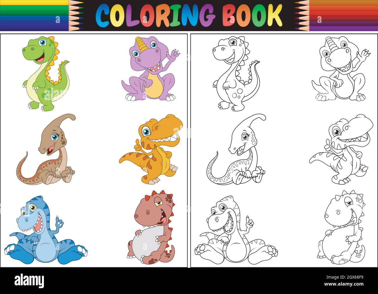 Libro da colorare con collezione di cartoni animati dinosauri Illustrazione Vettoriale