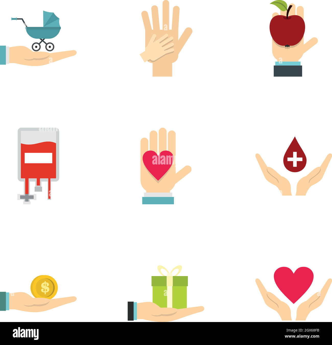 Set di icone di simboli delle organizzazioni di raccolta fondi Illustrazione Vettoriale