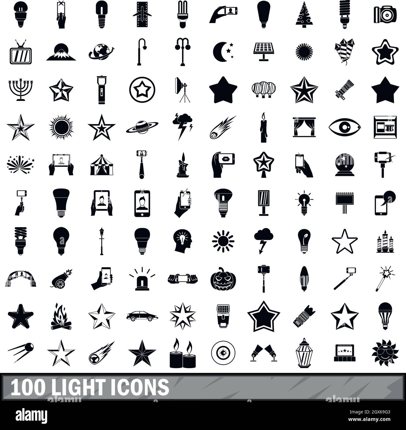 100 luce set di icone in stile semplice Illustrazione Vettoriale