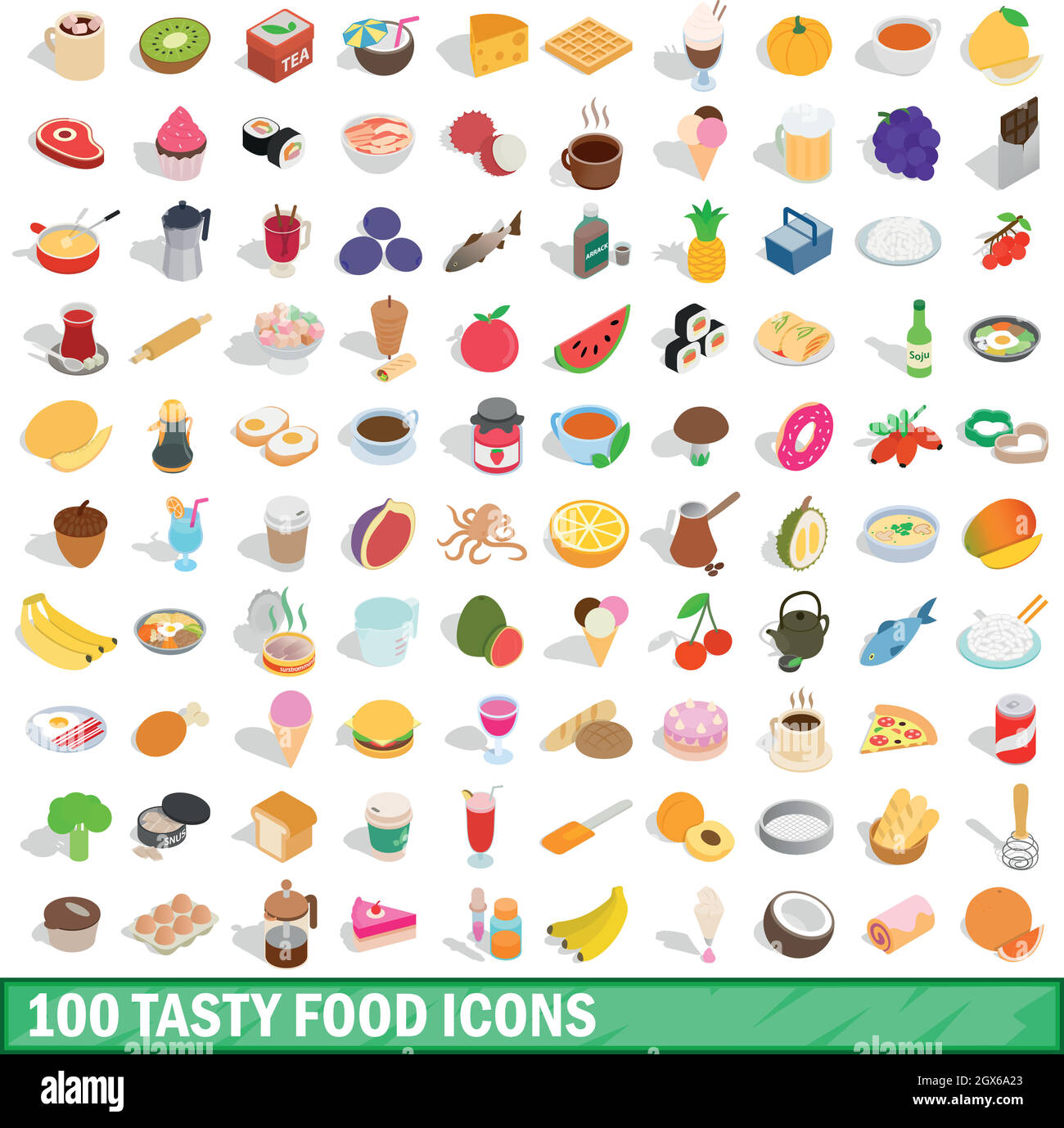 100 il cibo gustoso set di icone isometrica 3d style Illustrazione Vettoriale