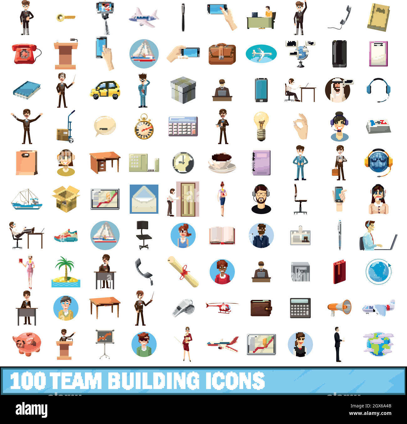 100 icone costruzione tiam set, stile cartoon Illustrazione Vettoriale