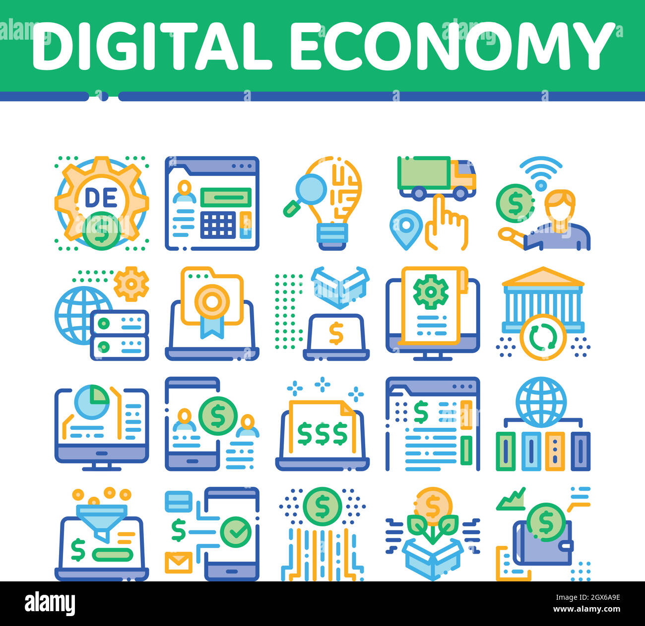 Vettore di impostazione delle icone di economia digitale e e-business Illustrazione Vettoriale