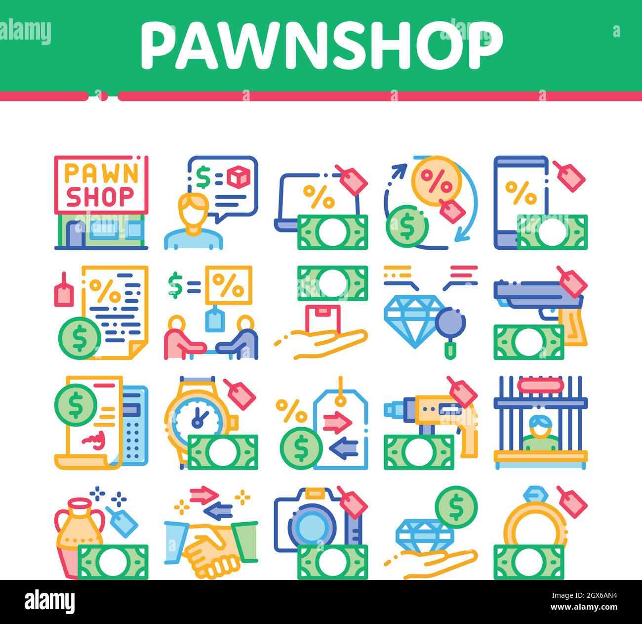 Collezione di scambio di Pawnshop icone Imposta vettore Illustrazione Vettoriale