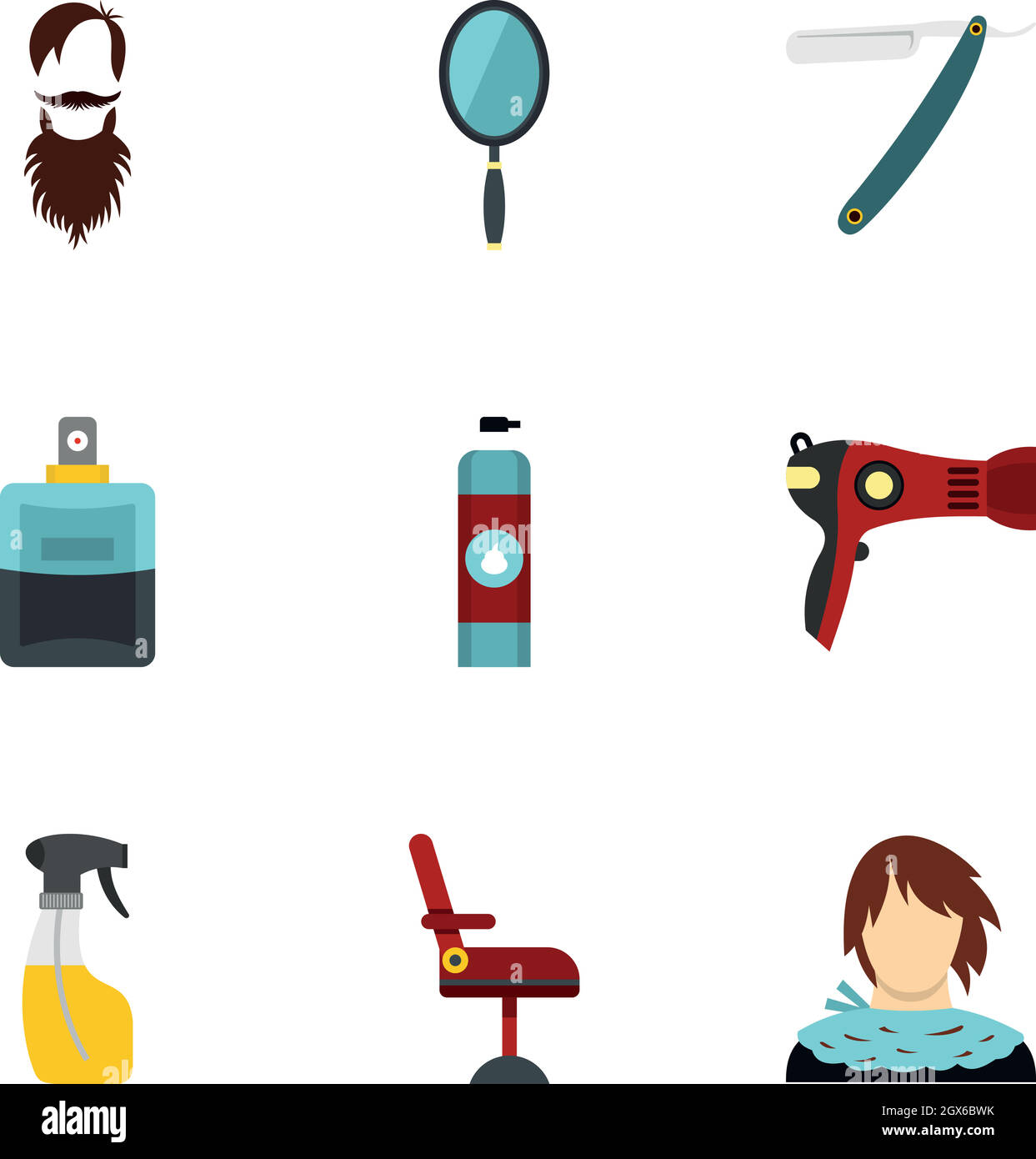 Set di icone di accessori parrucchiere e professione barbiere attrezzature