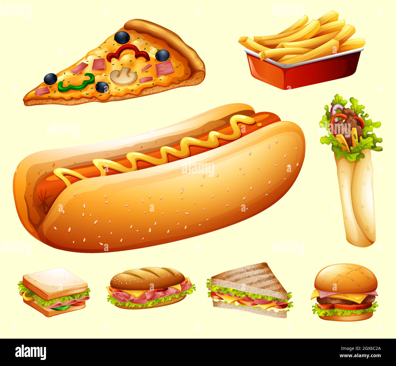 Cibo set con vari tipi di fast food Illustrazione Vettoriale