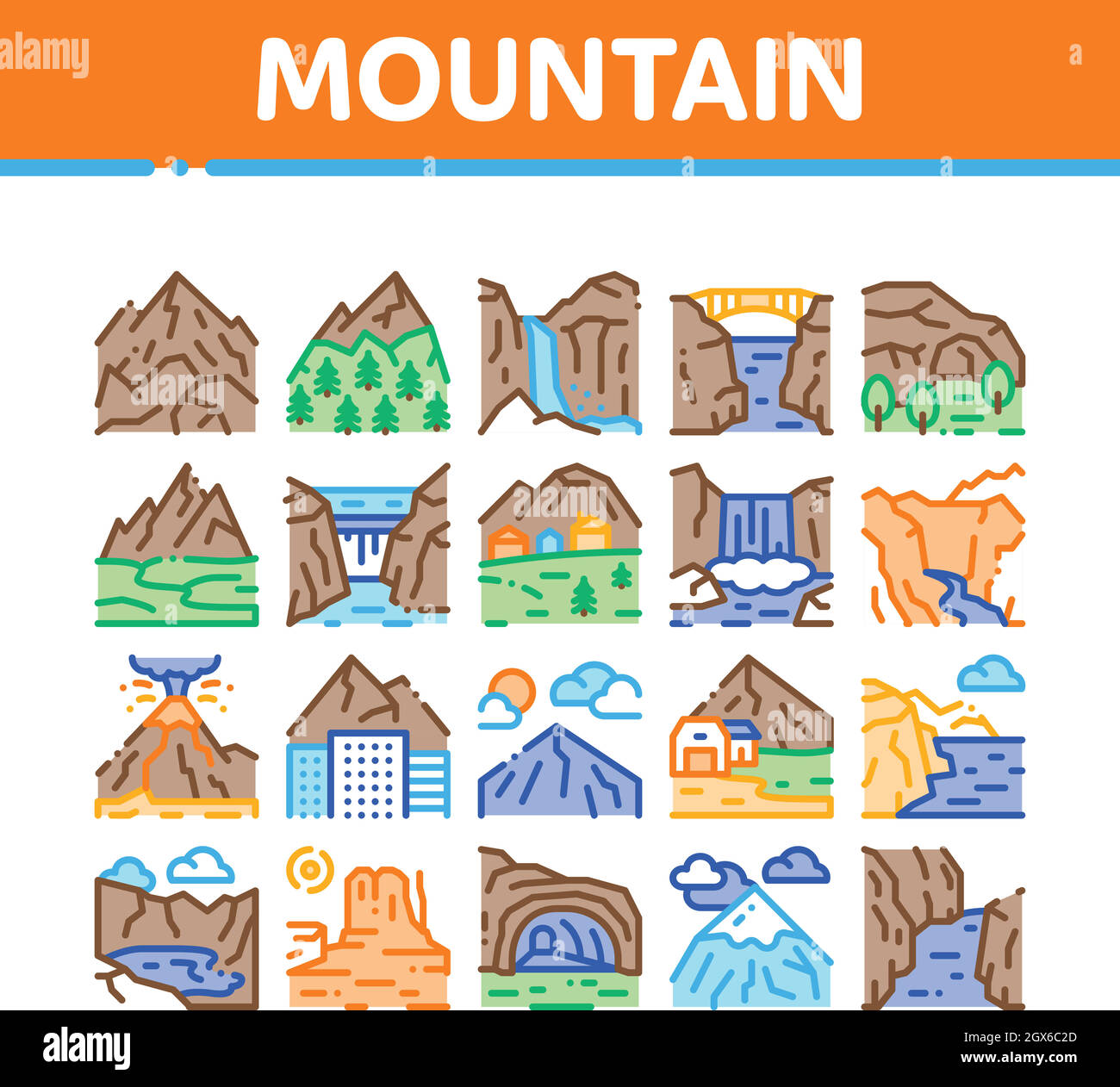 Icone della collezione Paesaggio montagna Imposta vettore Illustrazione Vettoriale