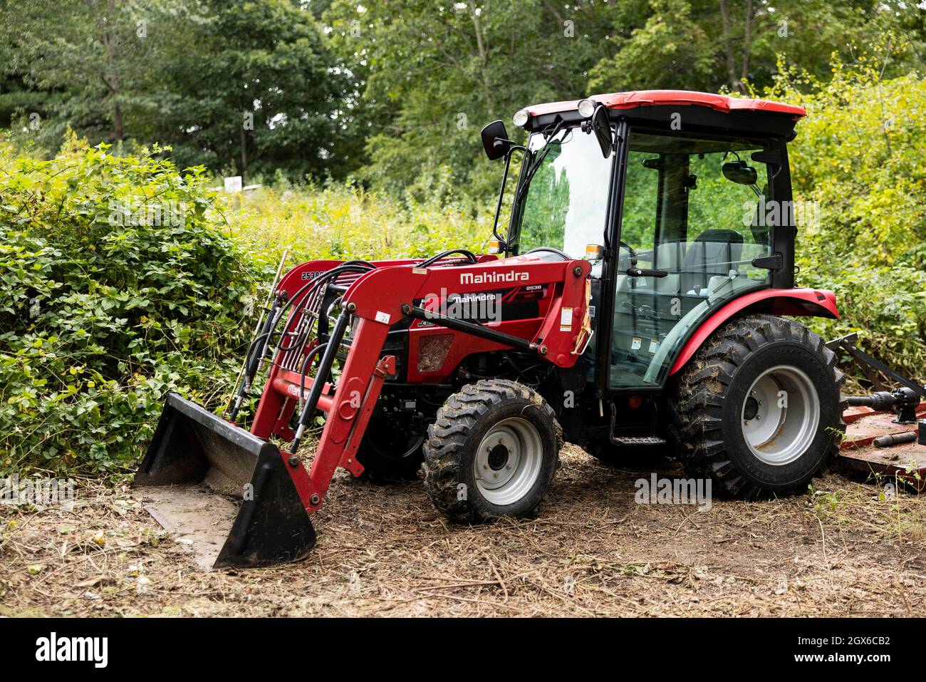 Un trattore multiuso compatto Mahindra rosso accanto a un campo e a un giardino. Foto Stock