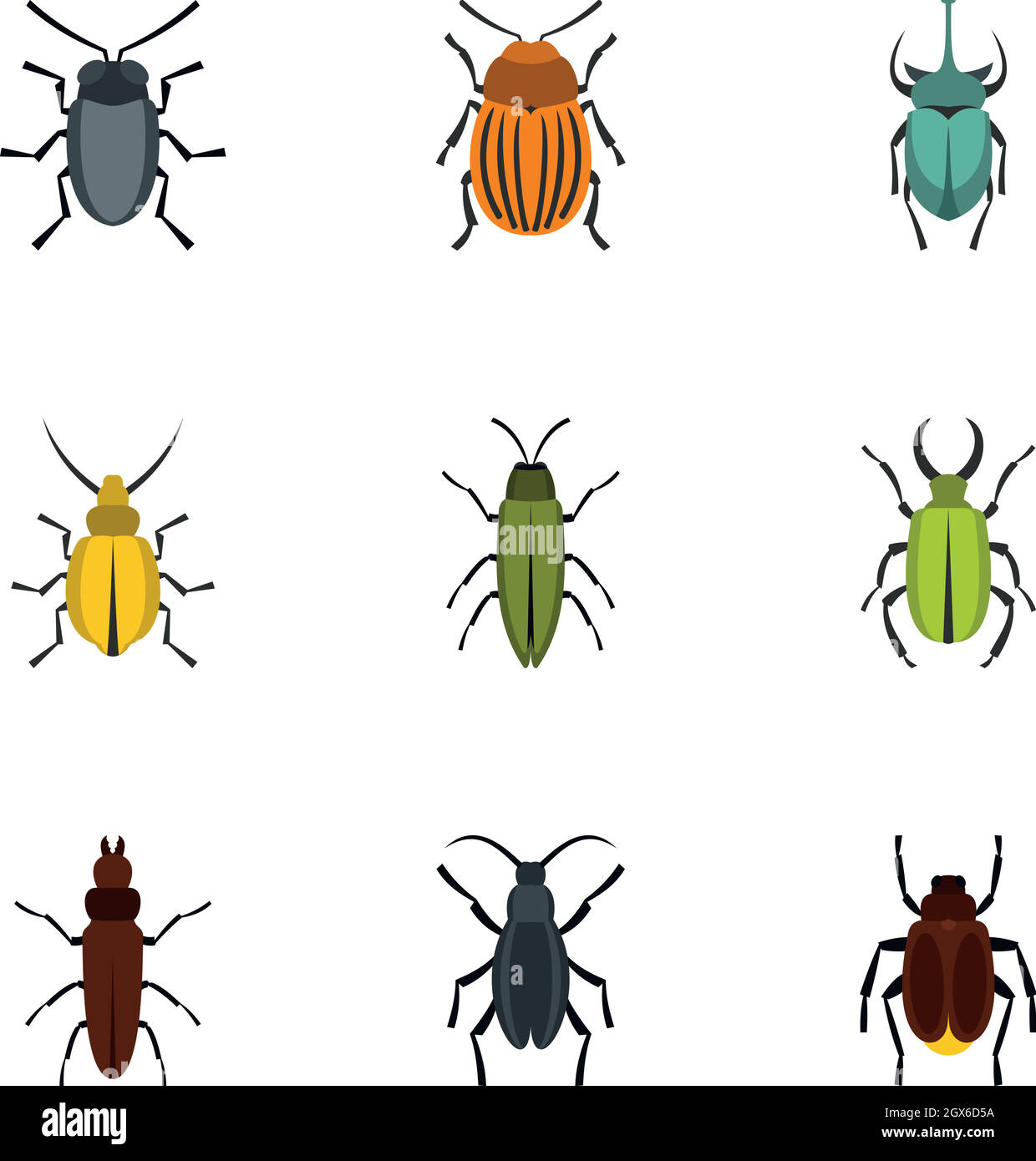 Set di icone a forma di scarabeo, stile piatto Illustrazione Vettoriale
