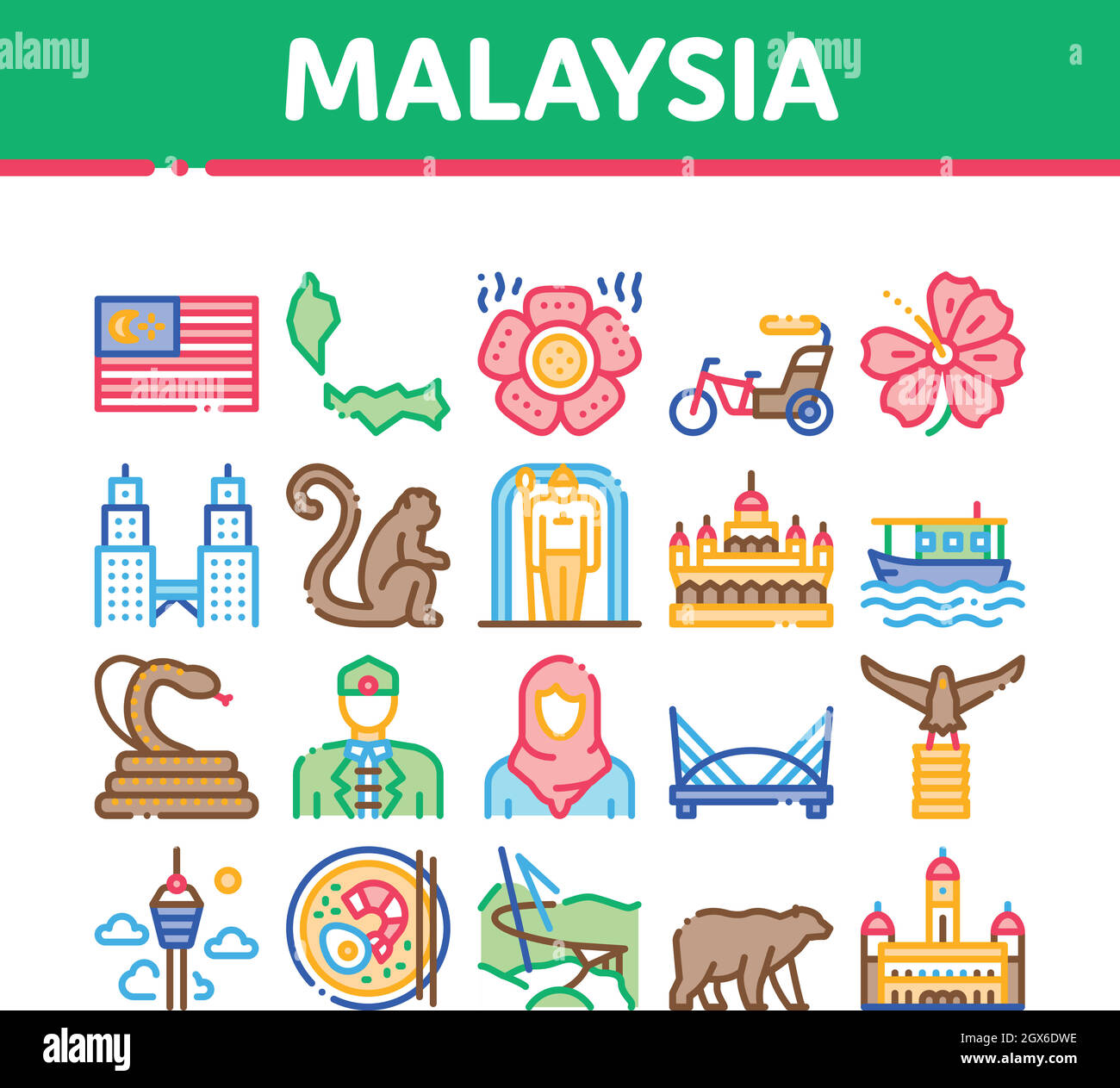 Malaysia National Collection Icons Set vettore Illustrazione Vettoriale