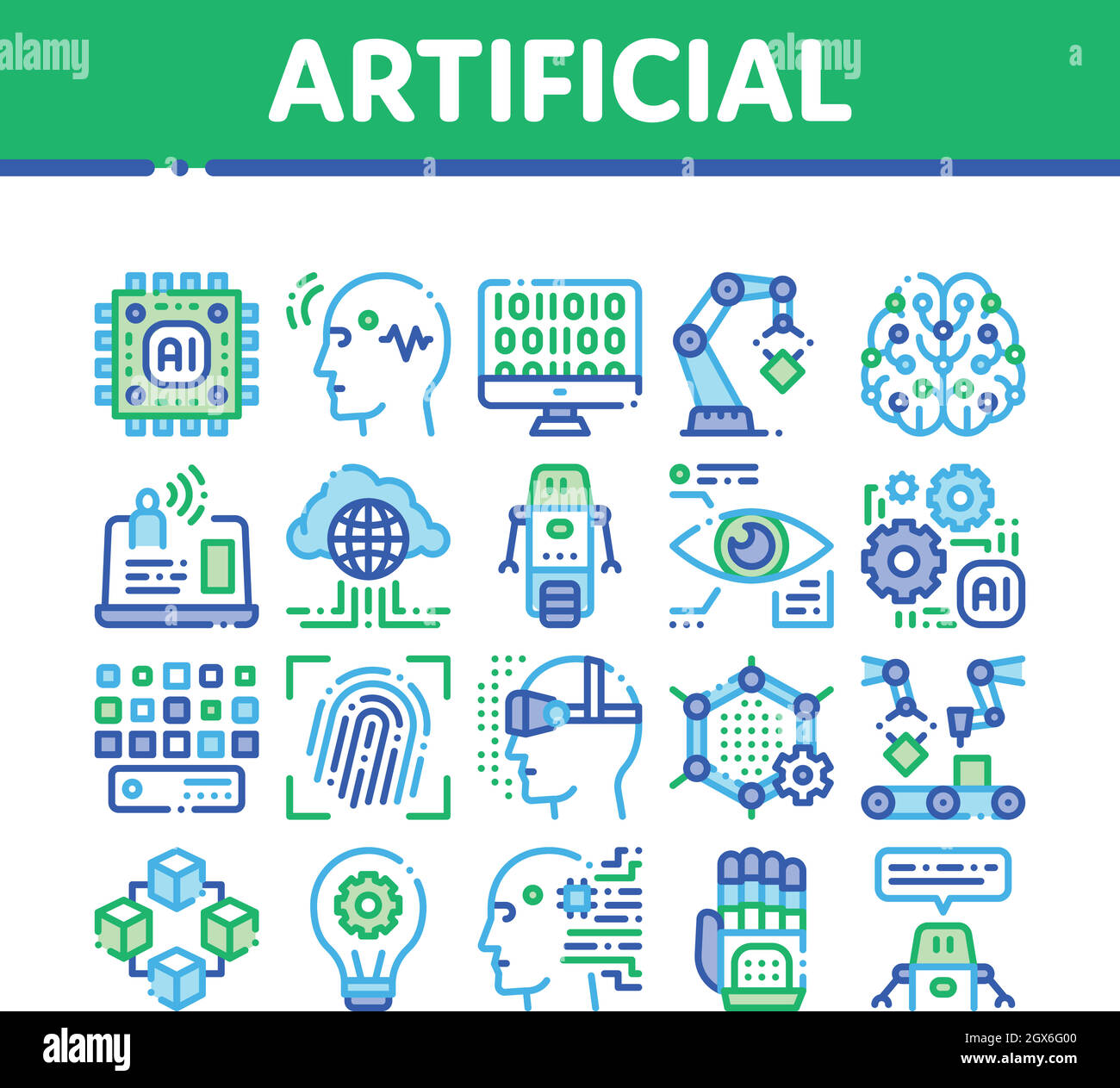 Intelligenza artificiale sottile vettoriali set di icone Illustrazione Vettoriale