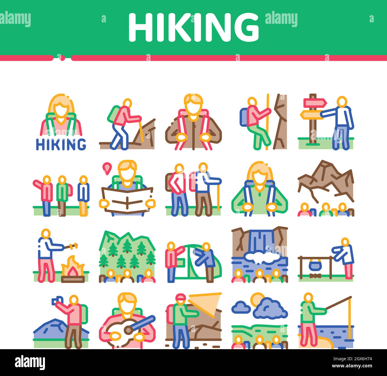 Escursionismo Extreme Tourism Collection icone Set Vector Illustrazione Vettoriale