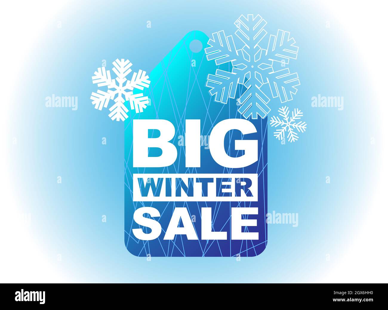 Vendita inverno banner design, illustrazione vettoriale. Elemento tag e fiocchi di neve su sfondo blu. Poster per la pubblicità. Illustrazione Vettoriale