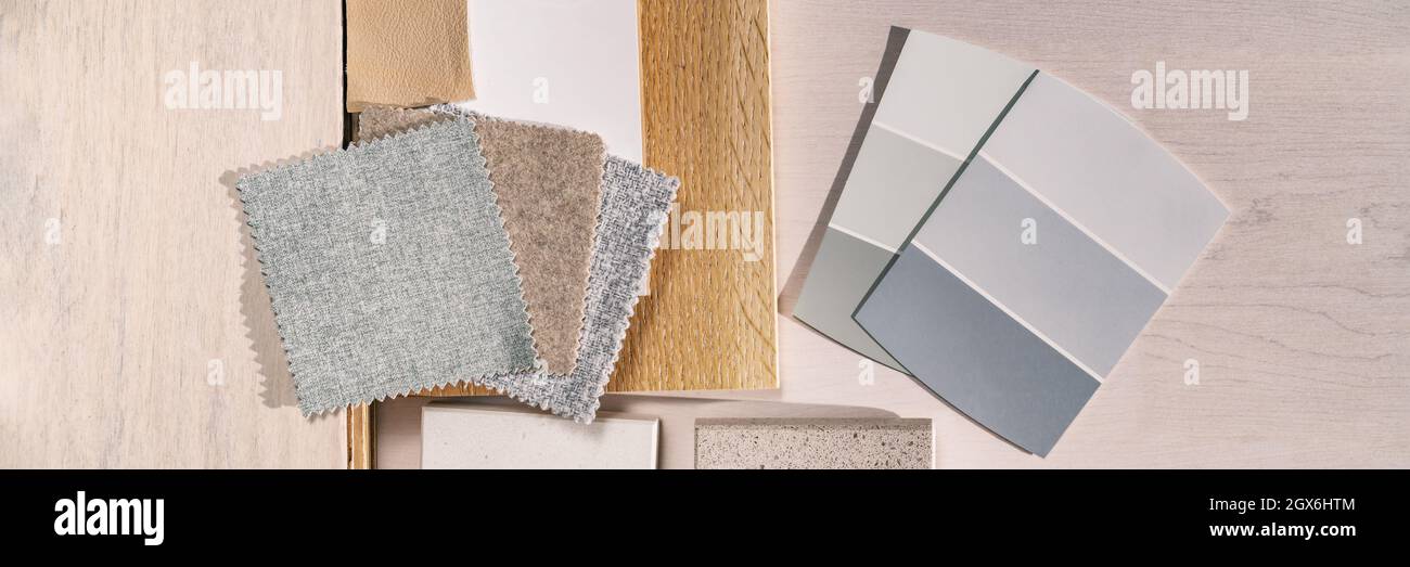 Home Interior designer remodel colore campioni vista dall'alto banner panoramico sfondo. Fai da te ristrutturazione di cucina o soggiorno con Foto Stock