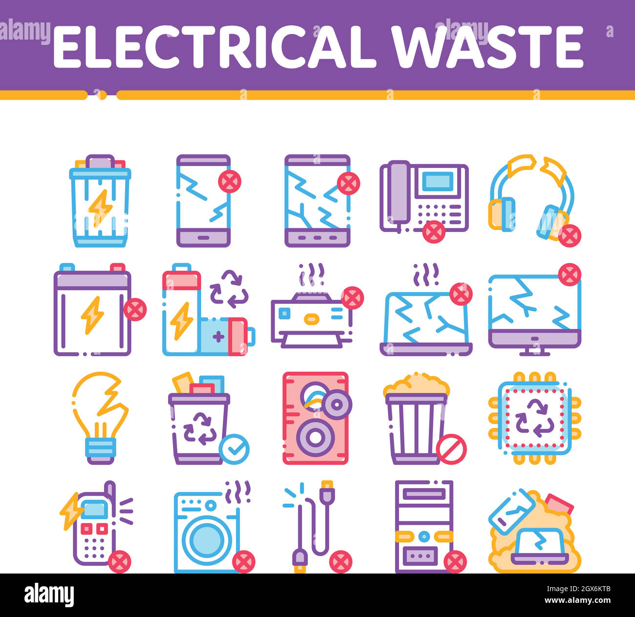 Strumenti di raccolta rifiuti elettrici icone Set Vector Illustrazione Vettoriale