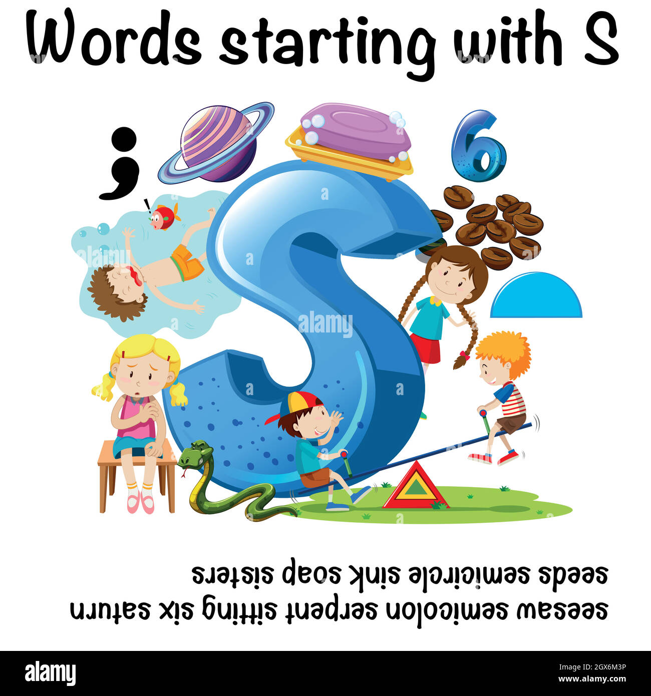 Progettazione di poster didattici per le parole che iniziano con S Illustrazione Vettoriale