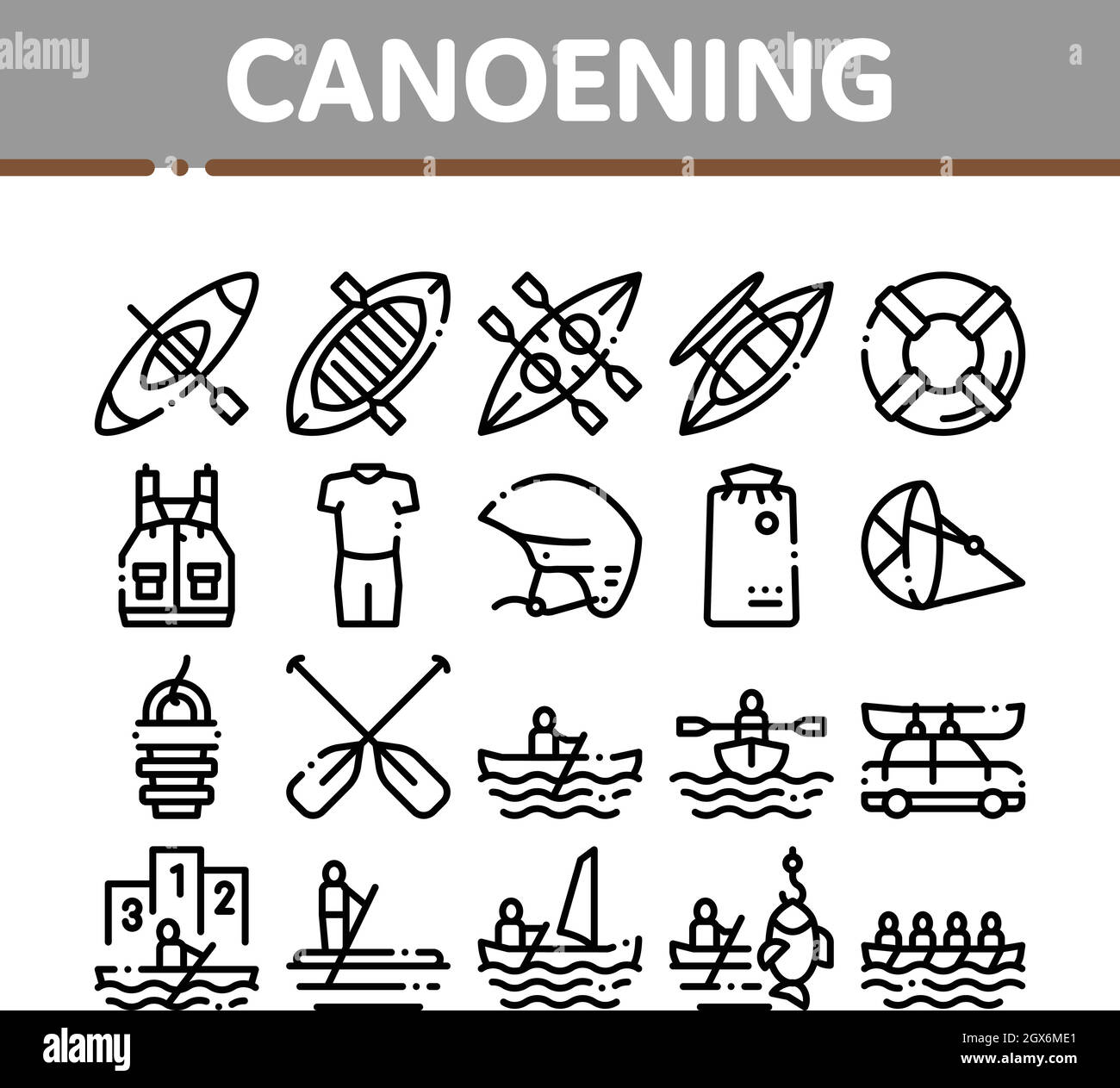 Canoa elementi di una collezione di icone vettore Set Illustrazione Vettoriale