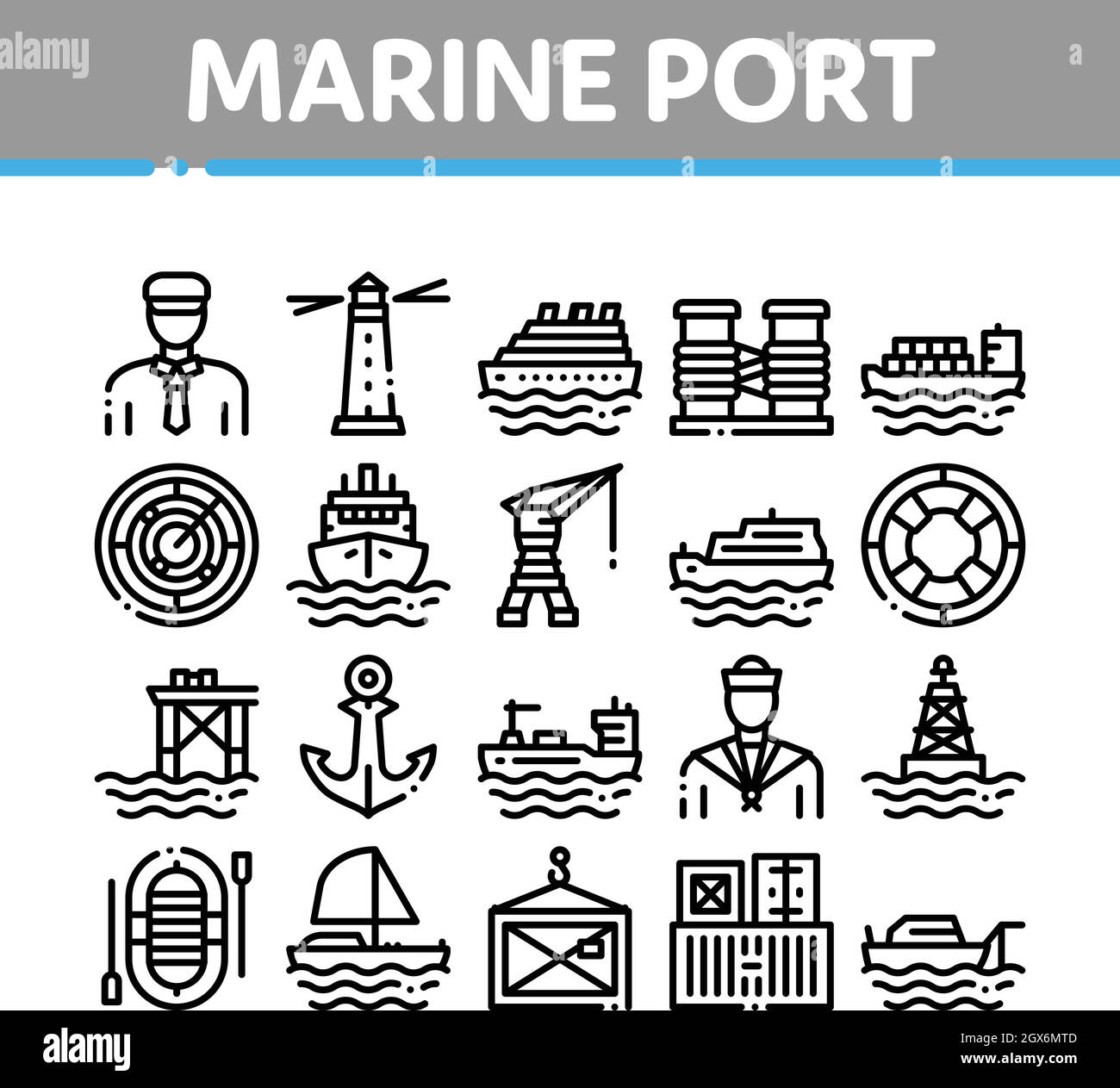 Marine Port Transport Collection icone Set Vector Illustrazione Vettoriale