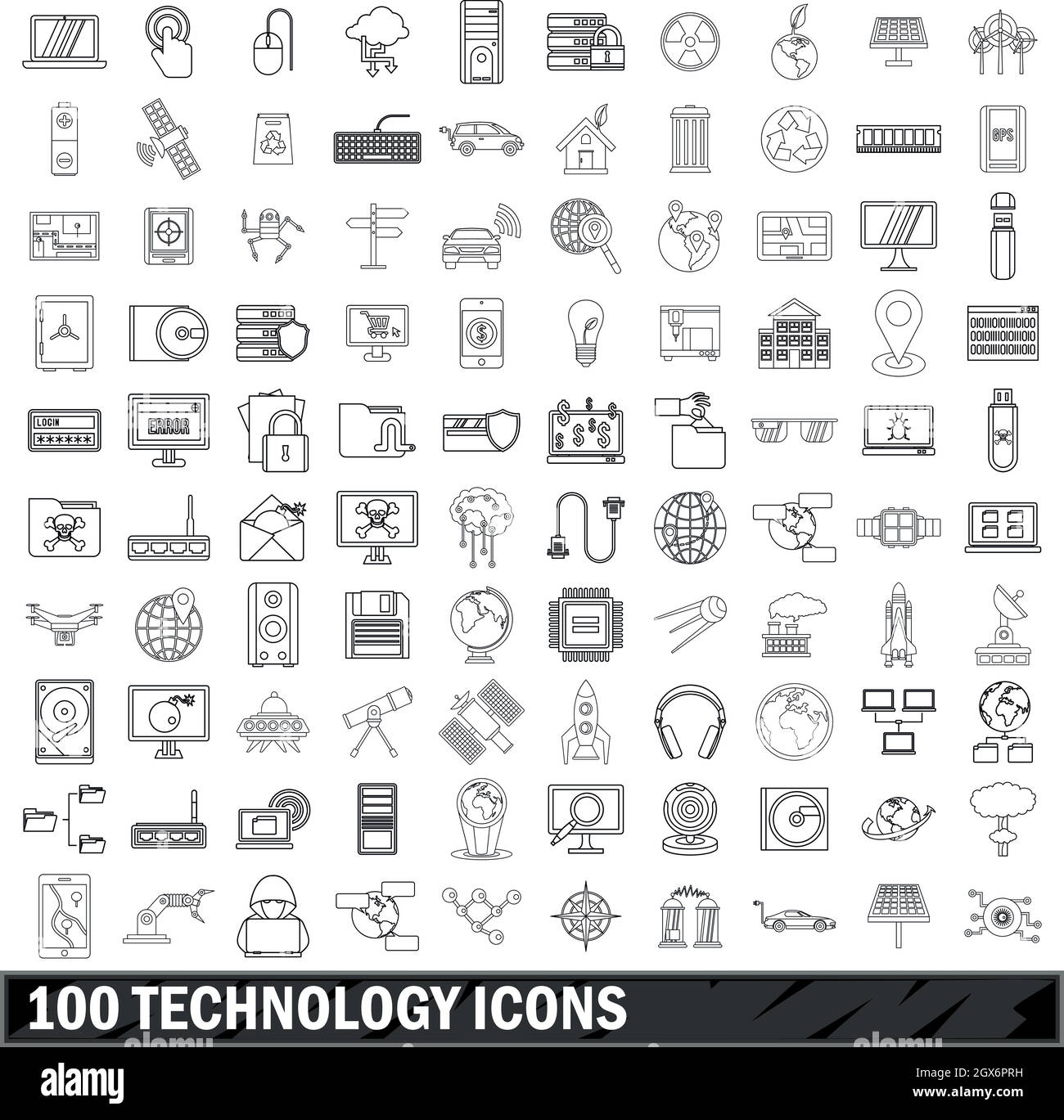 100 tecnologia set di icone di stile di contorno Illustrazione Vettoriale