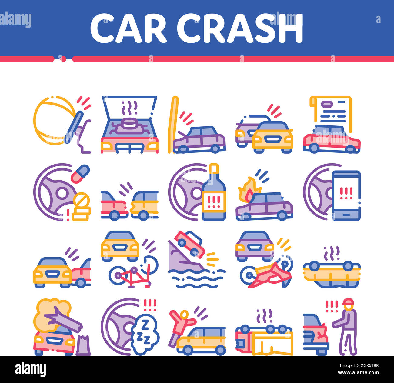 Car Crash Accident Collection Icons Set Vector Illustrazione Vettoriale