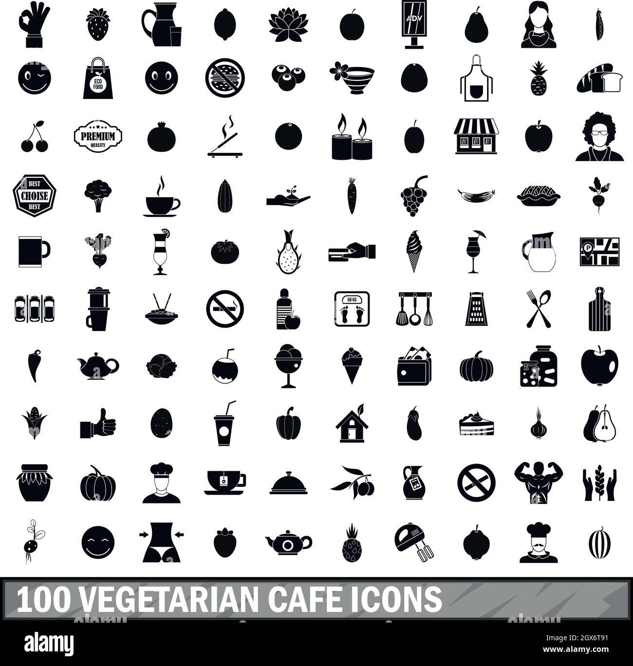 100 vegetarian cafe set di icone in stile semplice Illustrazione Vettoriale
