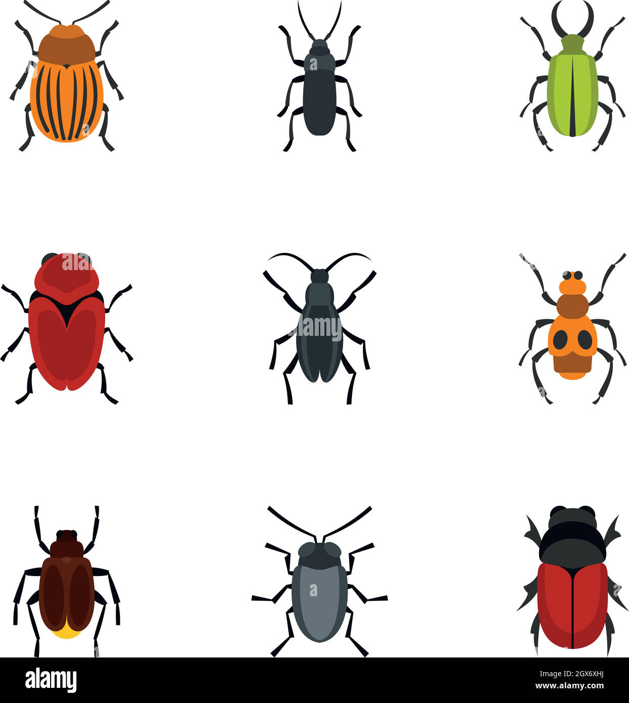 Icone bug impostate, stile piatto Illustrazione Vettoriale