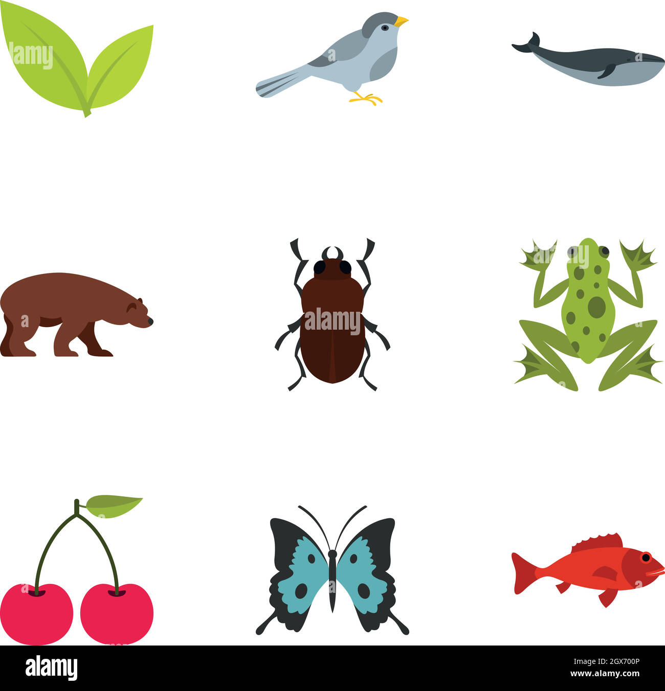 Icone di elementi floreali e animali, stile piatto Illustrazione Vettoriale