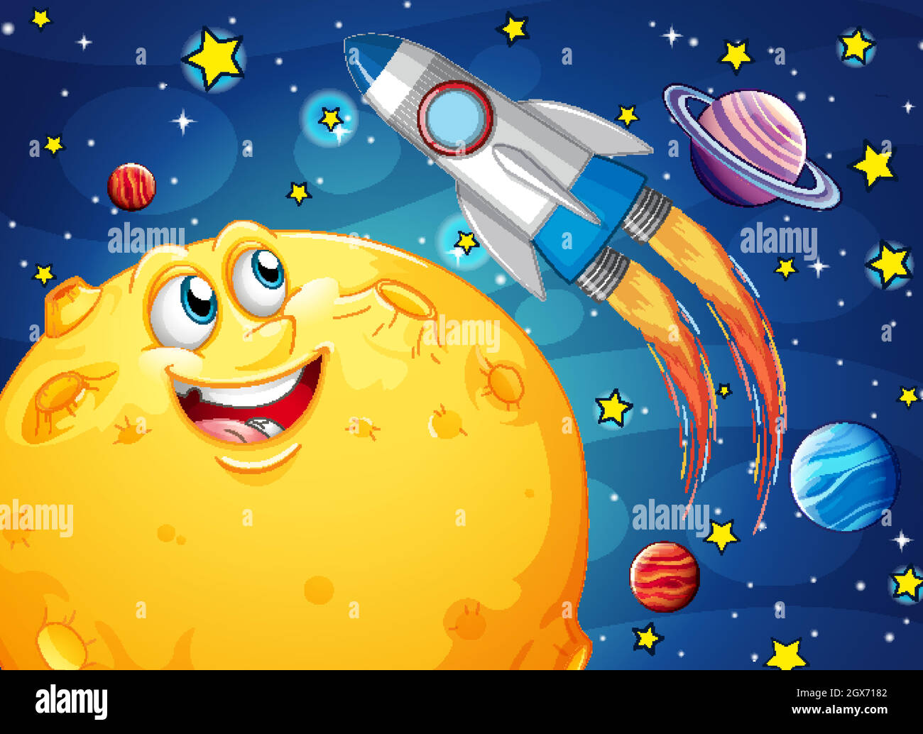 Luna con volto felice sullo sfondo del tema della galassia spaziale Illustrazione Vettoriale