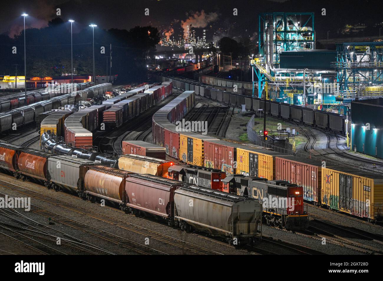 Porto di Vancouver, cantiere del treno merci, North Vancouver, British Columbia, Canada Foto Stock