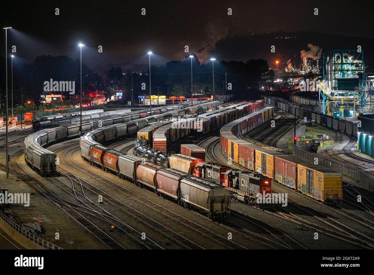 Porto di Vancouver, cantiere del treno merci, North Vancouver, British Columbia, Canada Foto Stock