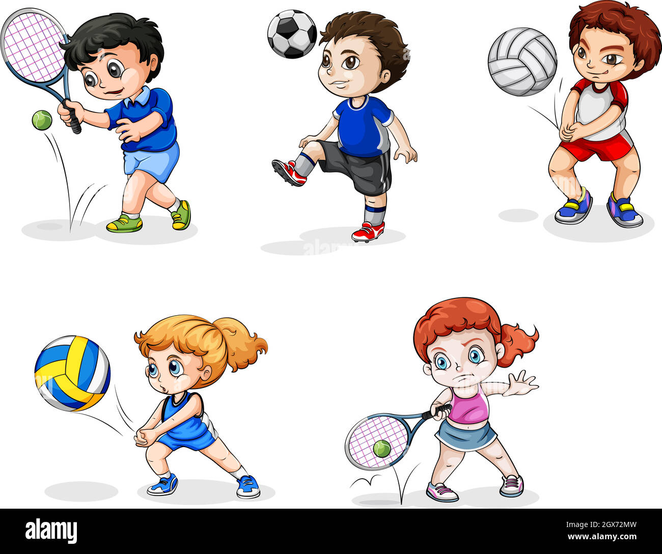 Cinque adolescenti che si dedicano a diversi sport Illustrazione Vettoriale