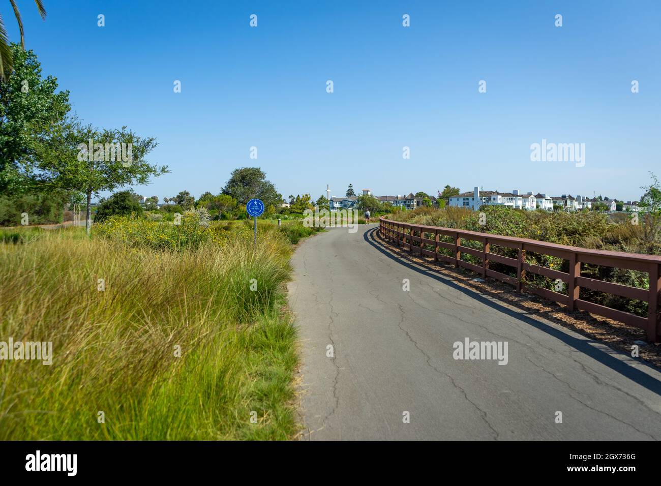 Newport Beach, California, USA – 12 agosto 2021: Un percorso a piedi lungo l'erba verde alta al Castaways Park di Newport Beach, California. Foto Stock