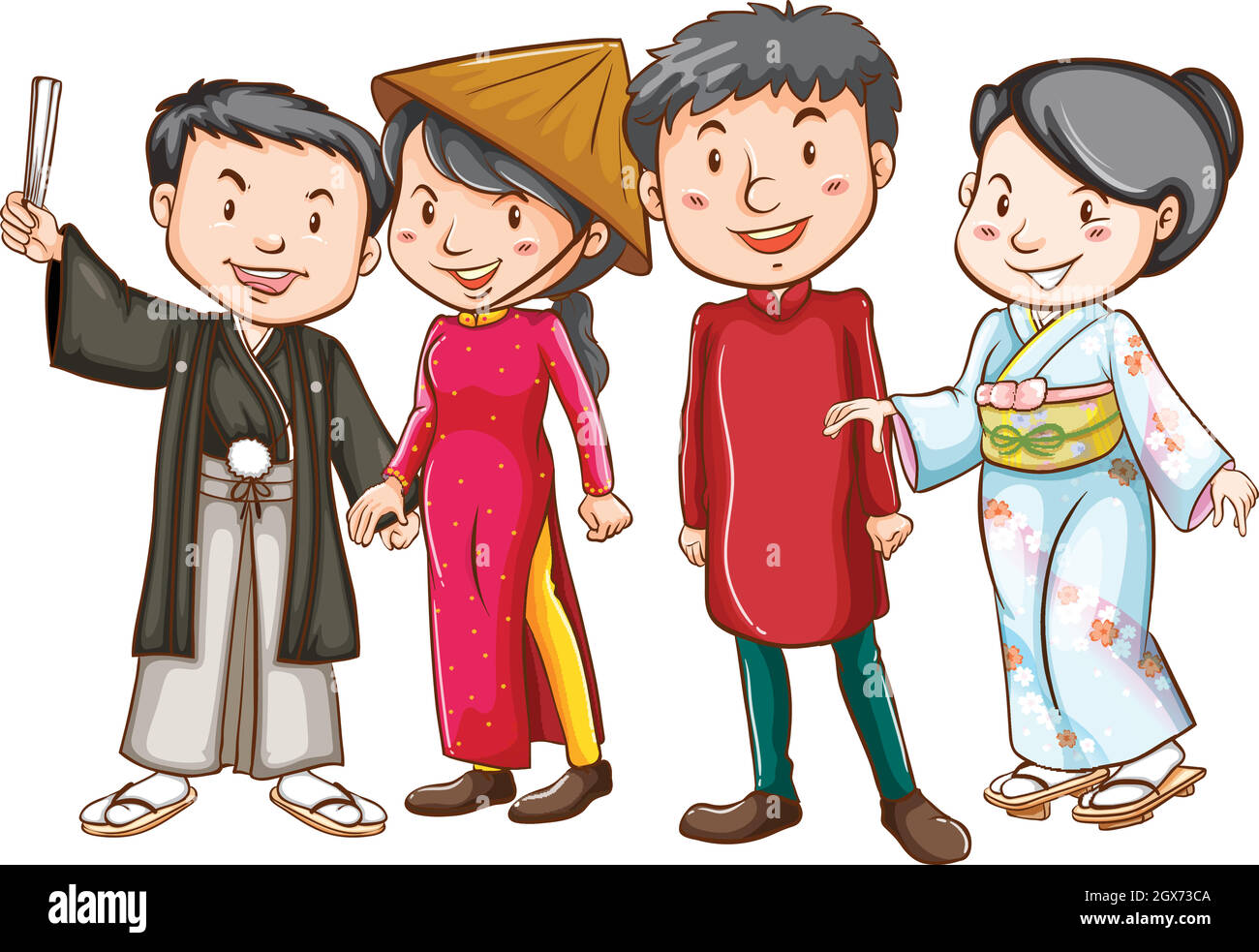 Persone asiatiche in costumi tradizionali Illustrazione Vettoriale