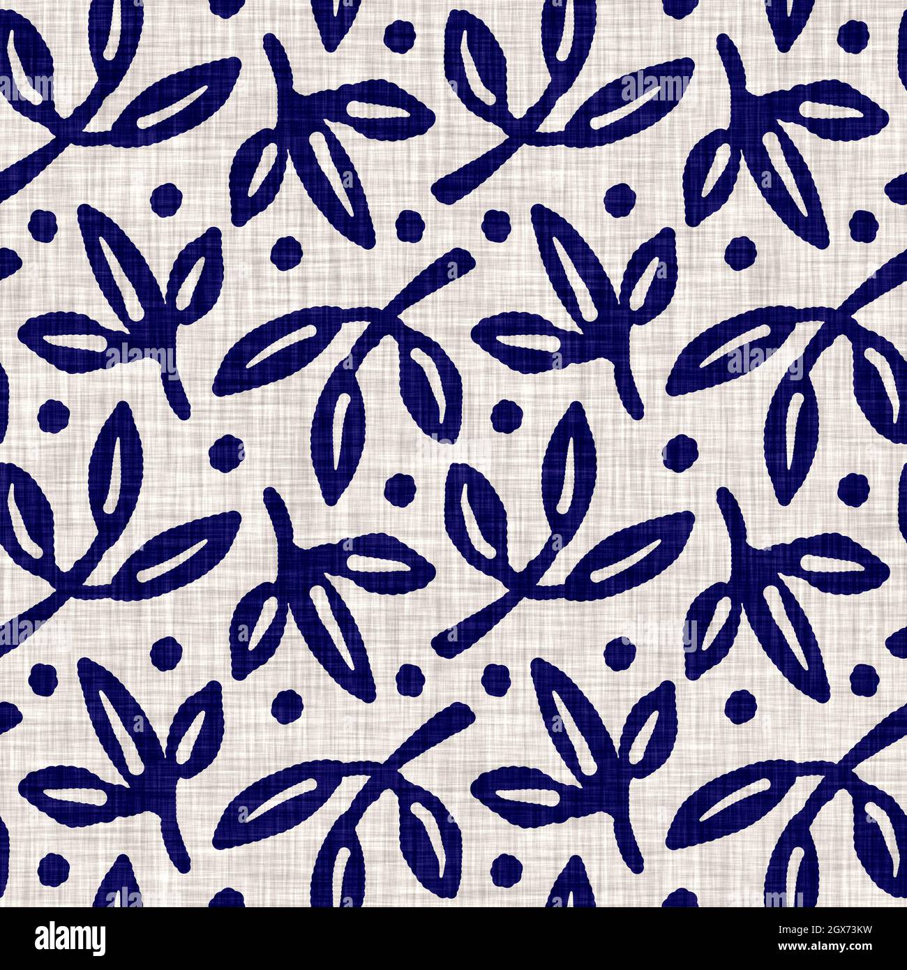 Indigo blu fogliame blocco stampa tinto lino texture sfondo. Ripetizione batik tessuto giapponese senza cuciture. Sfocatura floreale organica stressata Foto Stock
