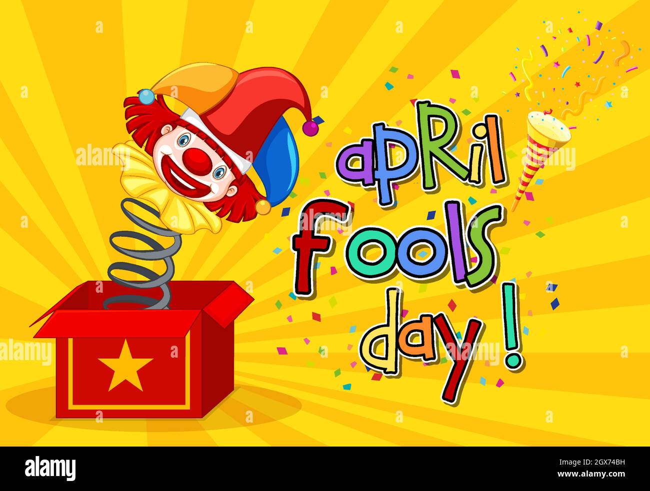 Aprile Fool's Day logo con Jester da scatola a sorpresa su sfondo giallo Illustrazione Vettoriale